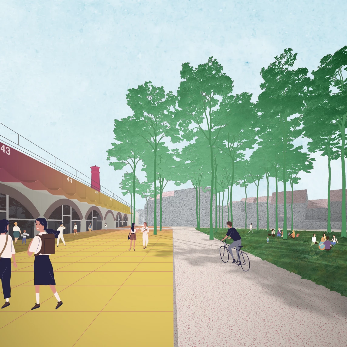 Eine belebte Straße mit Bäumen, Radfahrern und Fußgängern vor einem Gebäudekomplex im Hintergrund.