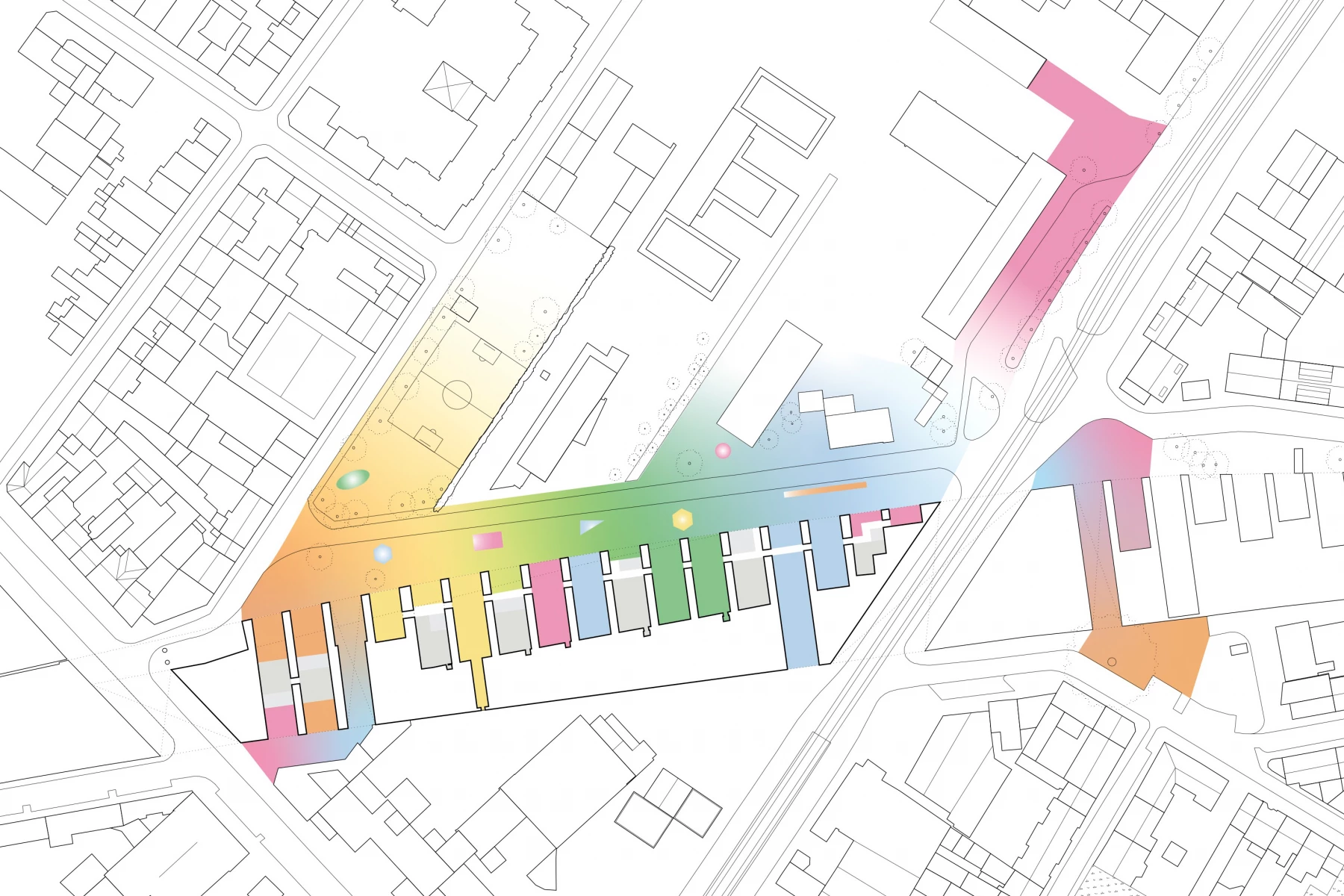 Stadtplanungskarte mit farbigen Bereichen, die verschiedene Nutzungstypen in einem urbanen Gebiet anzeigen.