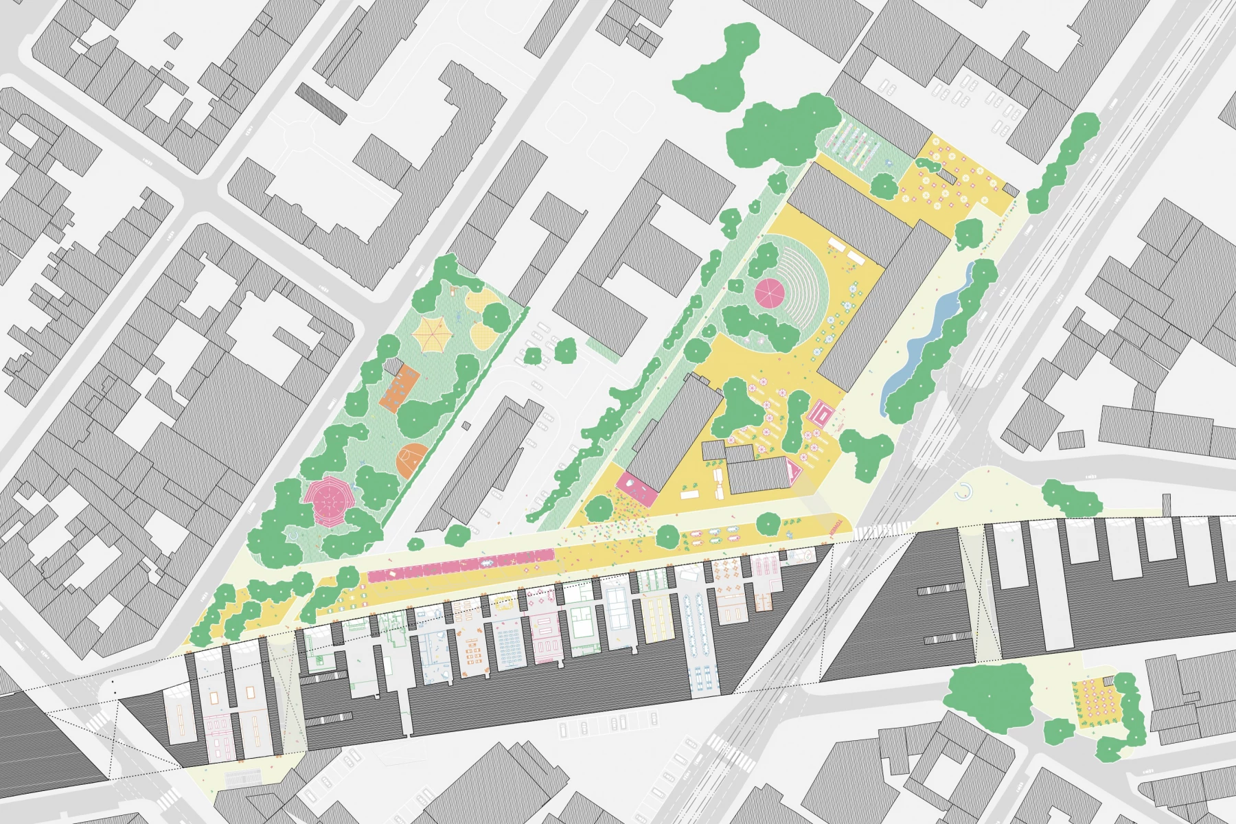 Eine farbenfrohe Stadtkarte mit Parks, Sportplätzen und Wohngebäuden, umgeben von grünen Flächen.