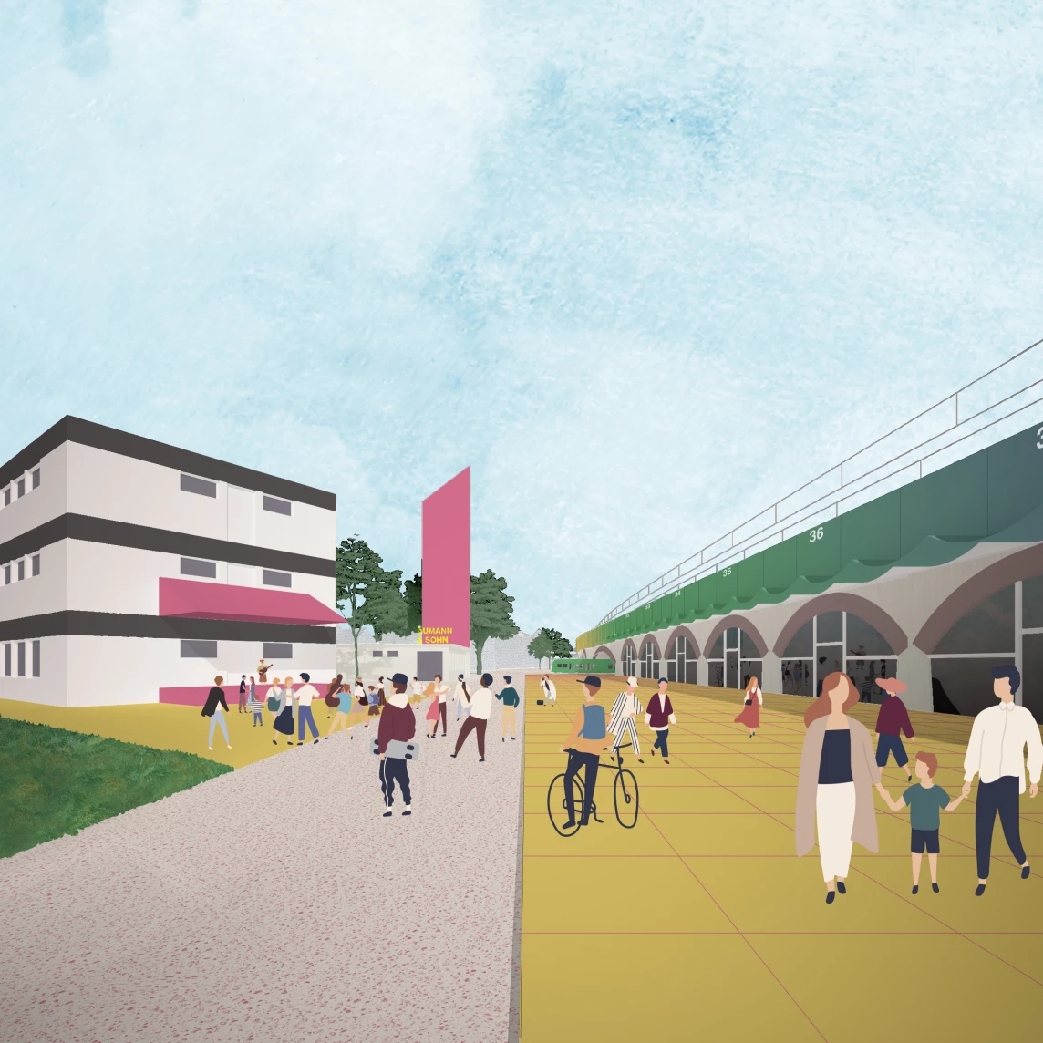 Animation zeigt eine belebte Straße mit Menschen, Radfahrern und Gebäuden vor einem blauen Himmel.