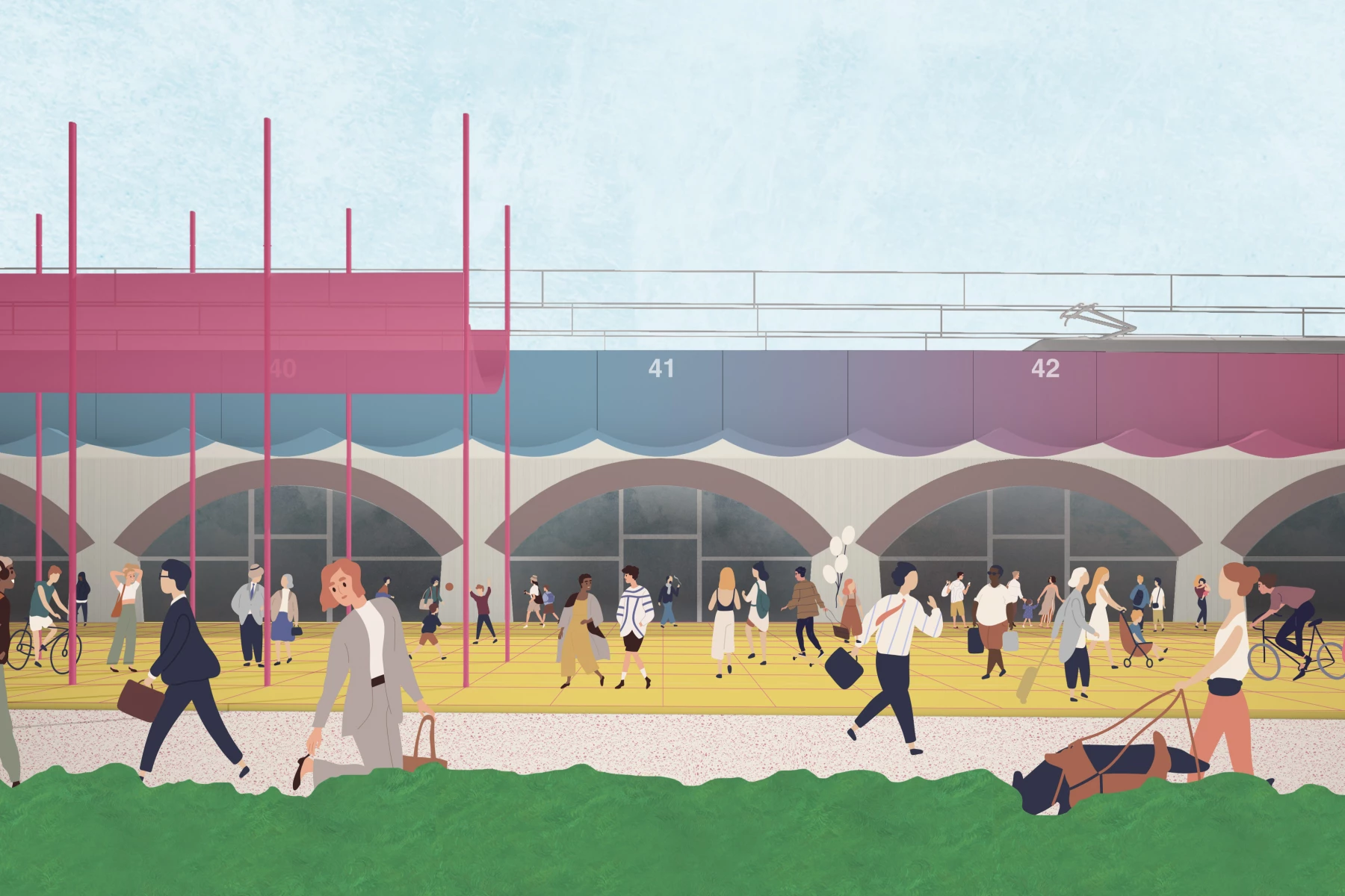 Eine belebte Szene mit vielen Menschen auf einem Bahnhof, Fahrrädern und bunten Markisen über den Plattformen.