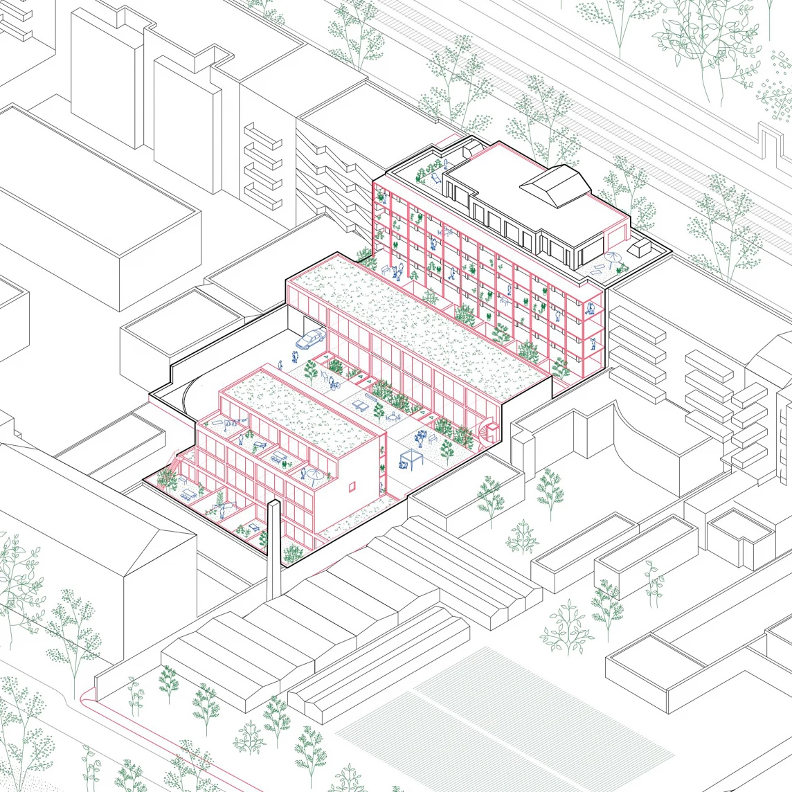 Eine skizzierte Darstellung eines Gebäudekomplexes mit grünen Dächern und umgebenden Bäumen.