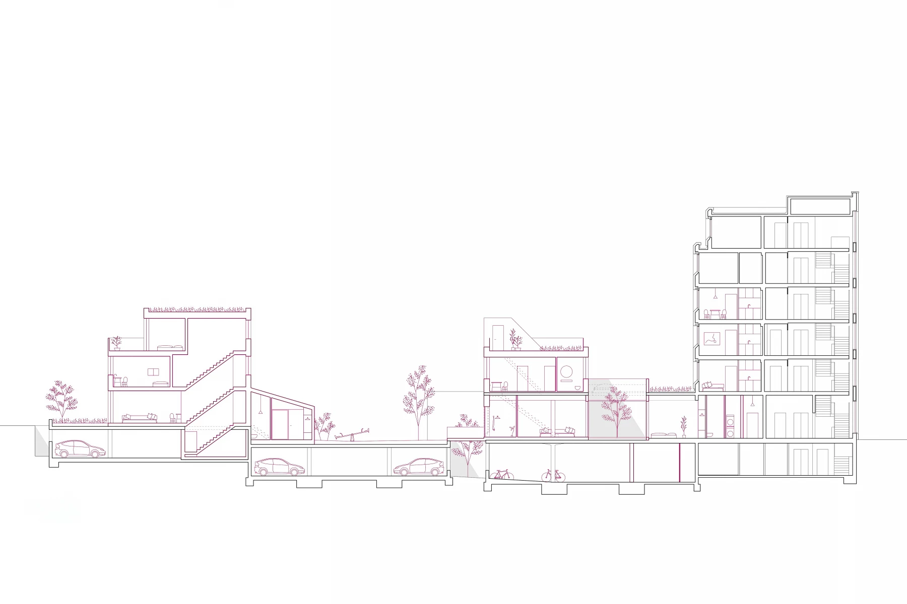 Schnittzeichnung eines modernen Gebäudes mit mehreren Etagen, Garagen und grünen Flächen.