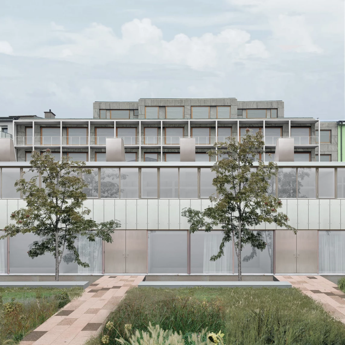 Moderne Gebäudeansicht mit großen Fenstern, Bäumen und einem gepflegten Vorgarten.