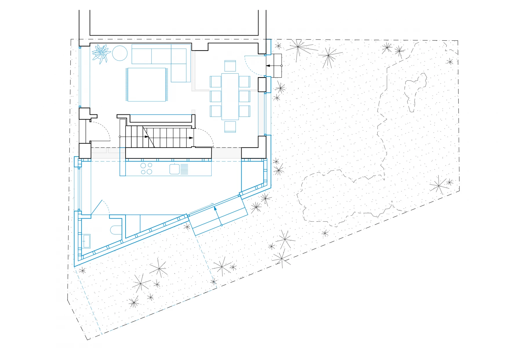 Grundriss eines modernen Wohnraums mit Sitzbereich, Essplatz und Zugang zur Terrasse.