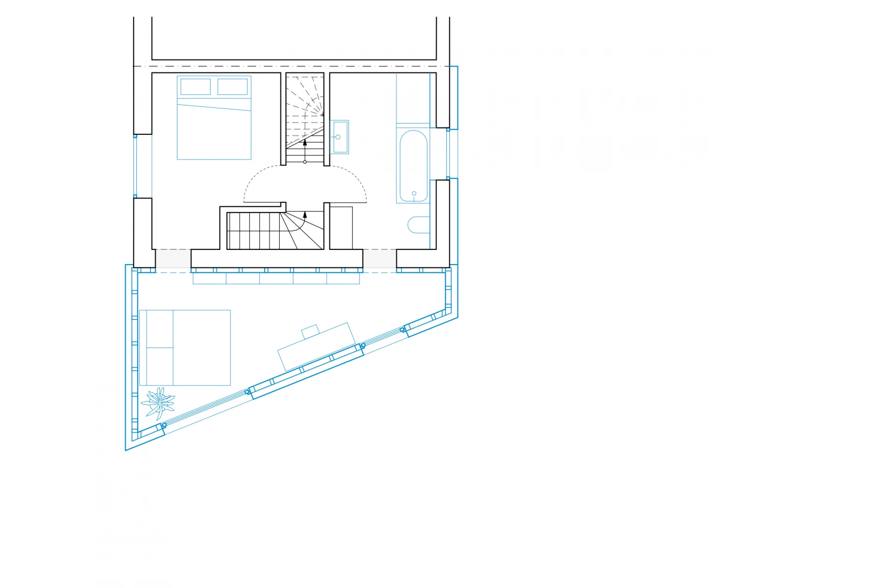 Ein Grundriss mit Schlafzimmer, Bad und Wohnzimmer in einem modernen, offenen Layout.