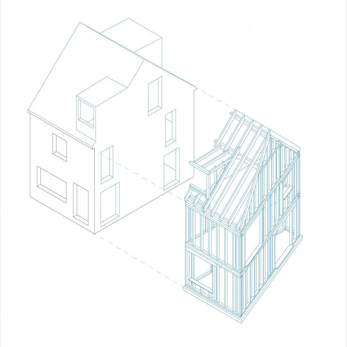 Eine architektonische Darstellung eines Hauses mit einem teilweise sichtbaren Holzrahmen.