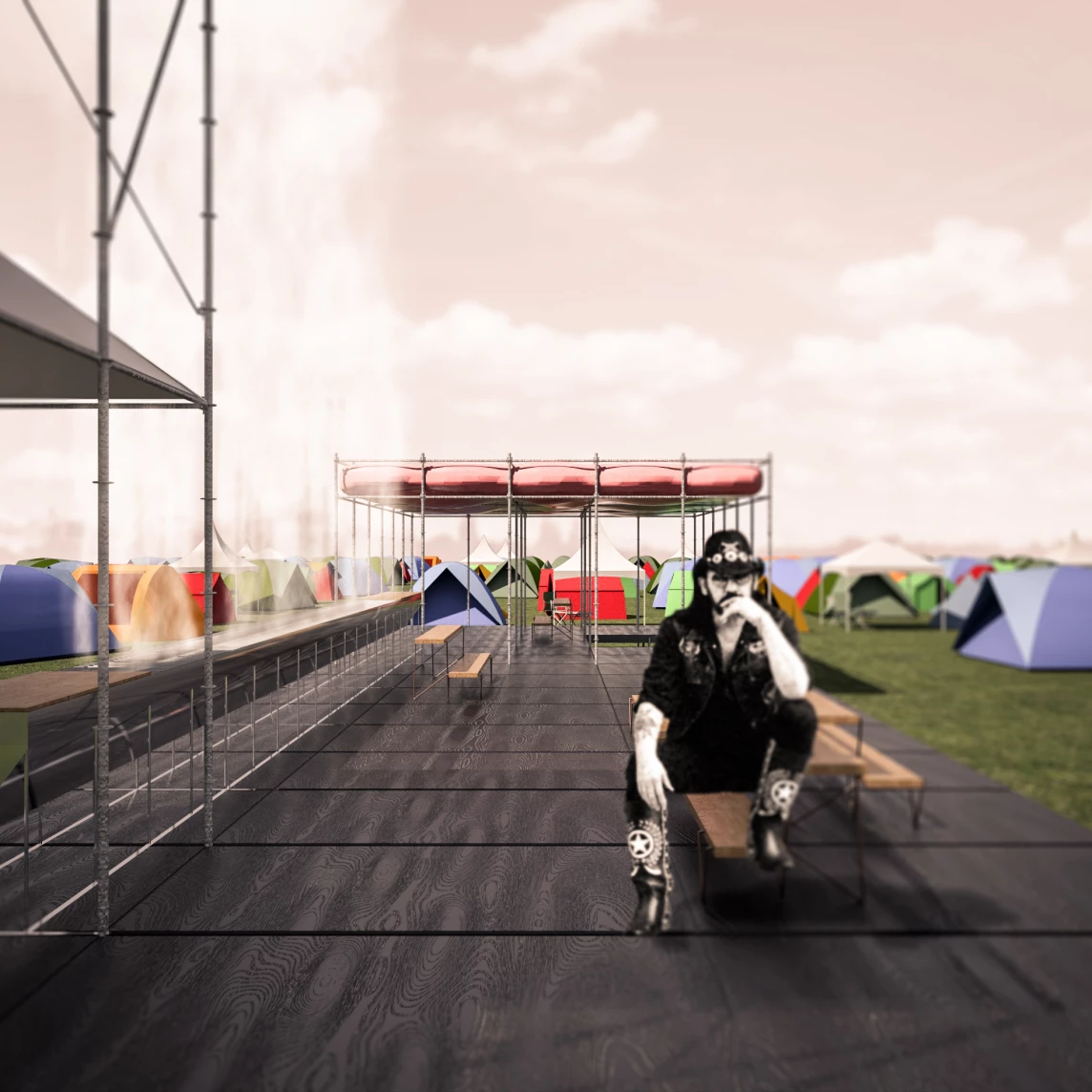 Eine Szene mit Zeltplätzen und einer Person, die nachdenklich auf einer Bank sitzt.