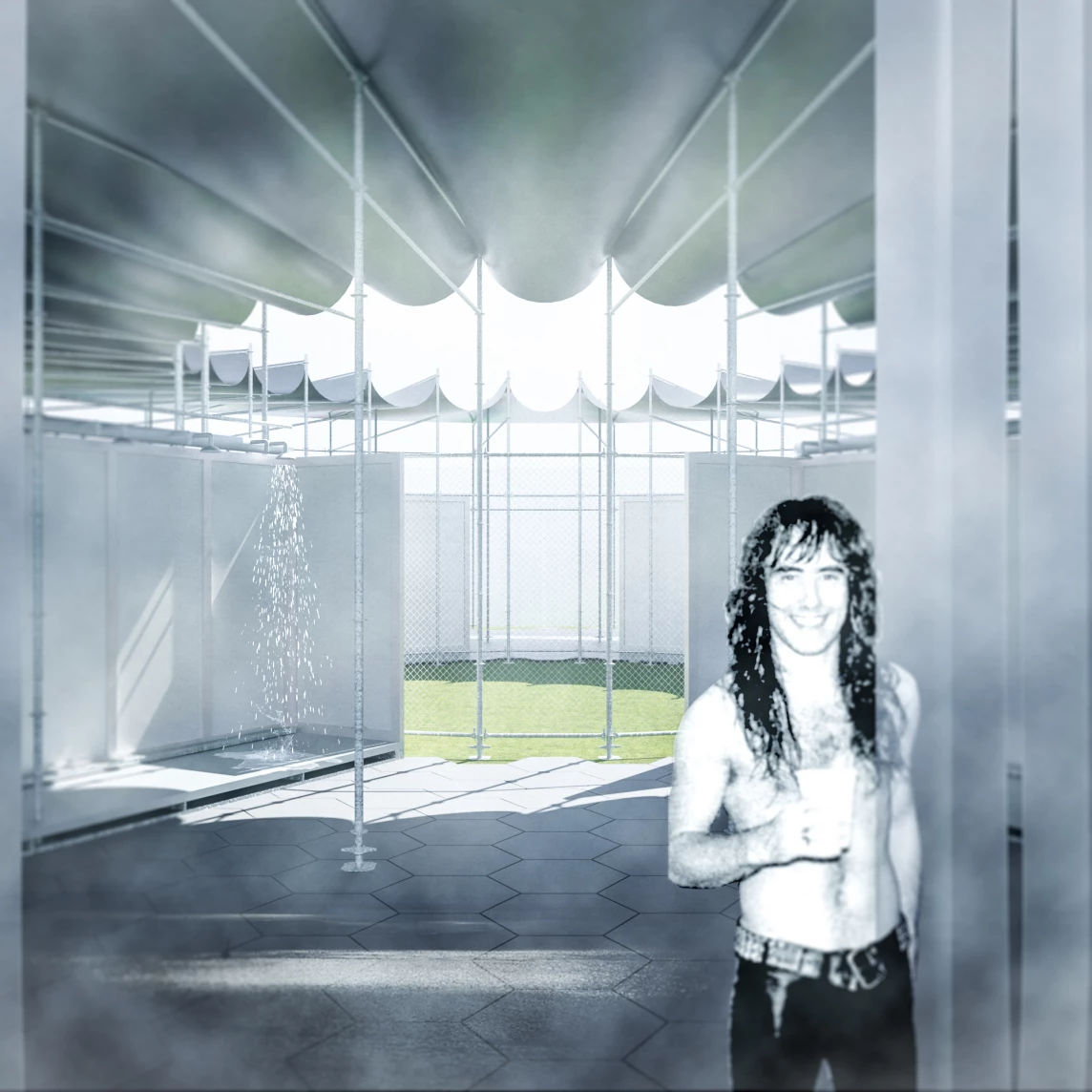 Eine helle, moderne Innenarchitektur mit einem Mann, der ein Getränk hält, und einem sanften Wasserstrahl.