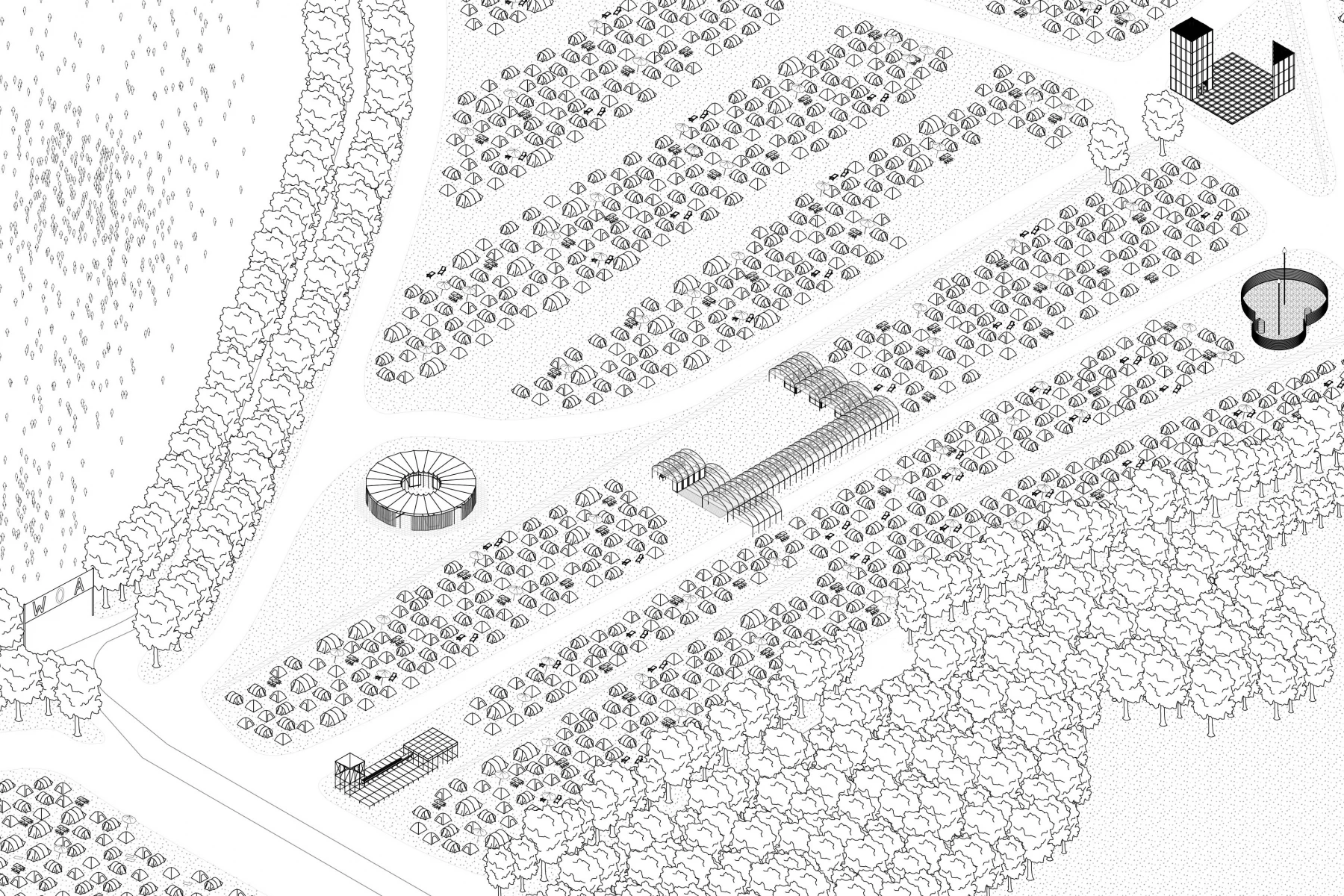 Eine Schwarz-Weiß-Illustration eines Campingplatzes mit Zelten, Bäumen und verschiedenen Strukturen.