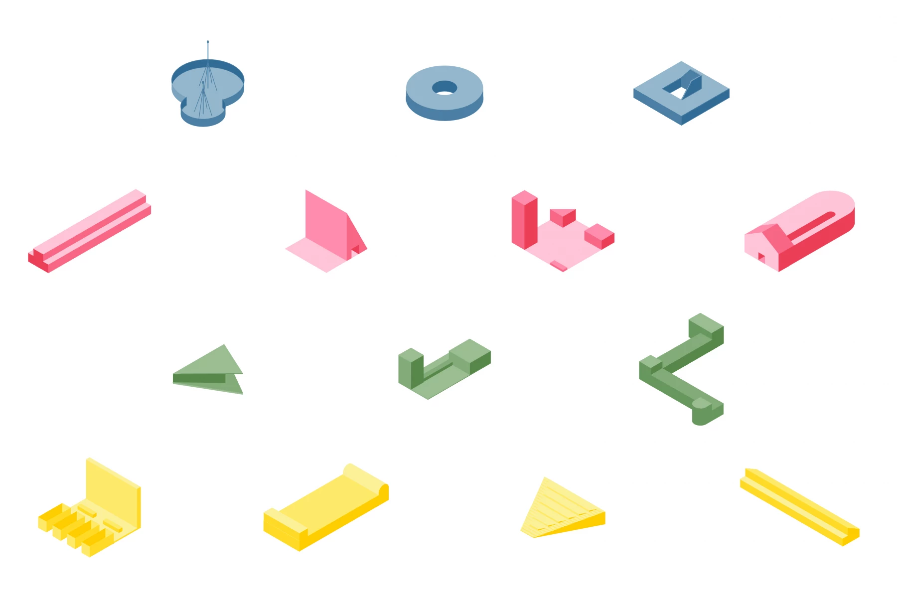 Eine Sammlung von geometrischen Formen in verschiedenen Farben und Größen auf weißem Hintergrund.