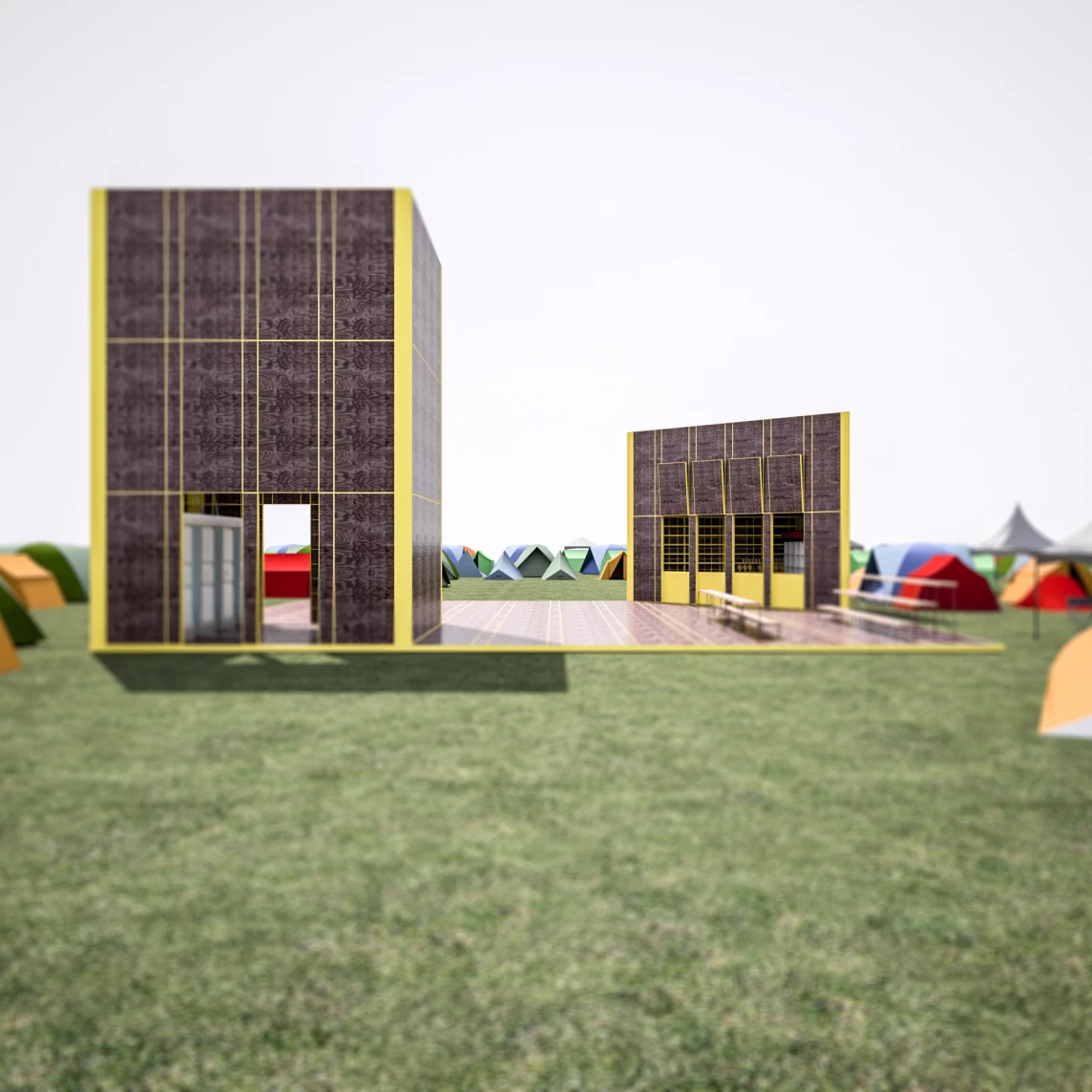 Zwei moderne, quadratische Gebäude mit gelben Akzenten stehen vor einem Zeltlager auf einer Wiese.