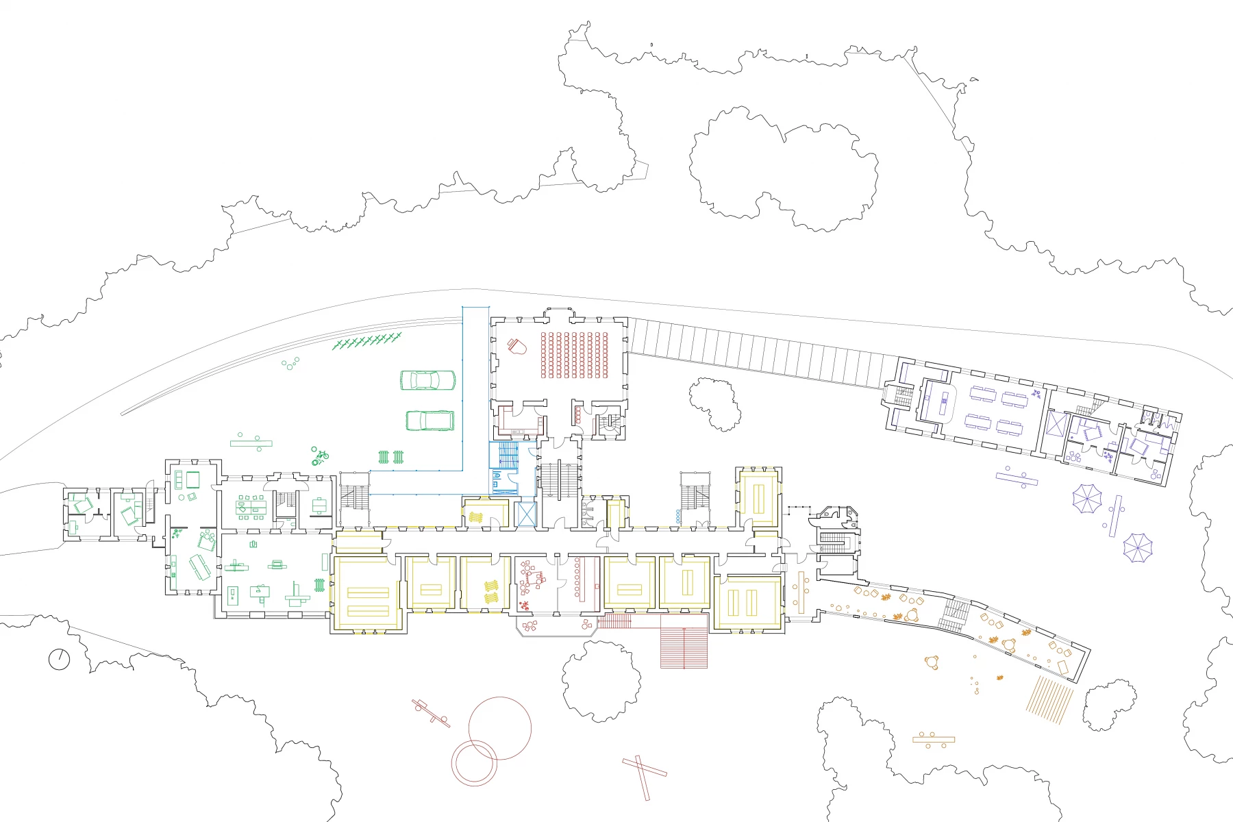 Eine farbige Architekturzeichnung mit Räumen, Fluren, Fahrzeugen und Gartenbereichen.