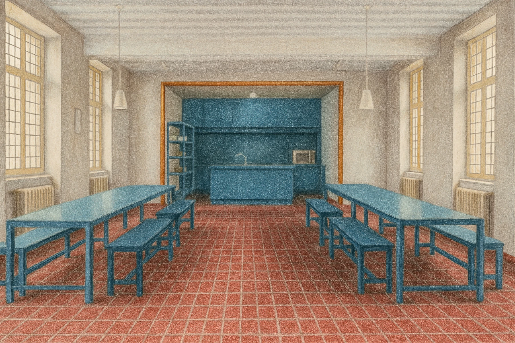 Ein geräumiger Raum mit blauen Tischen, Bänken und einer modernen Küchenzeile.